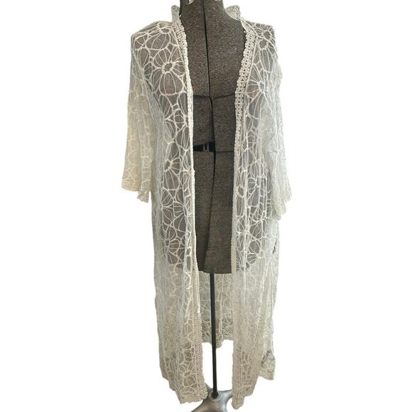White Lace Floral Maxi Duster Cardigan Kimono Sheer Boho Festival Romantic OS - Picture 2 of 10